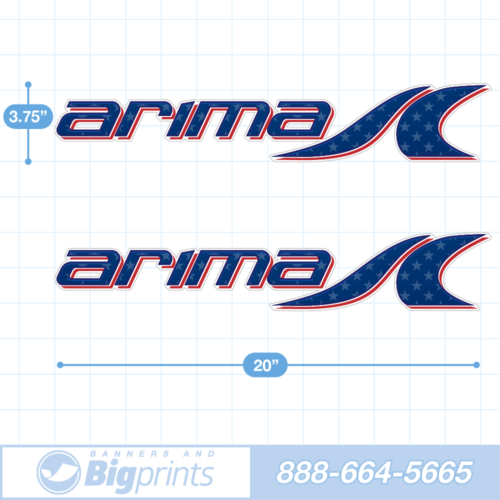 Arima Boat Decals circa 2020 cuntom color sticker package in American red white and blue colors