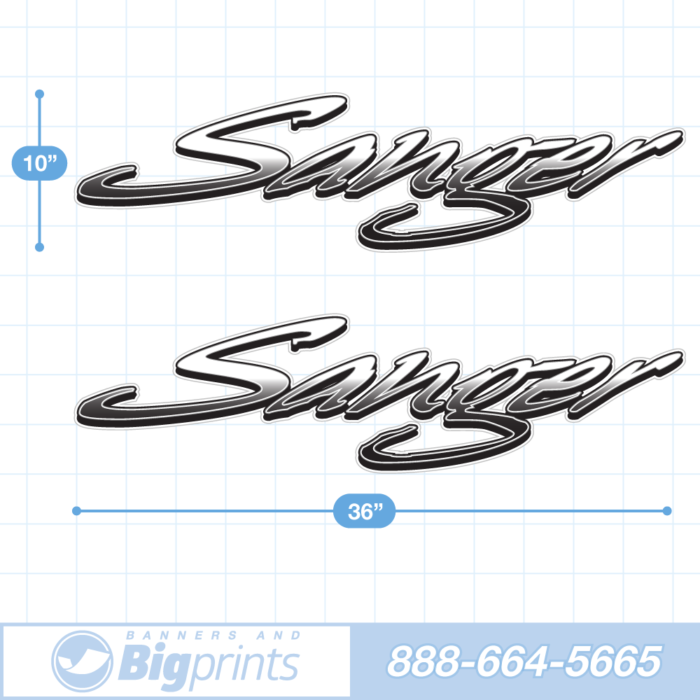 Set of two Sanger brand boat decals with custom "Freestyle" design in black and white colors