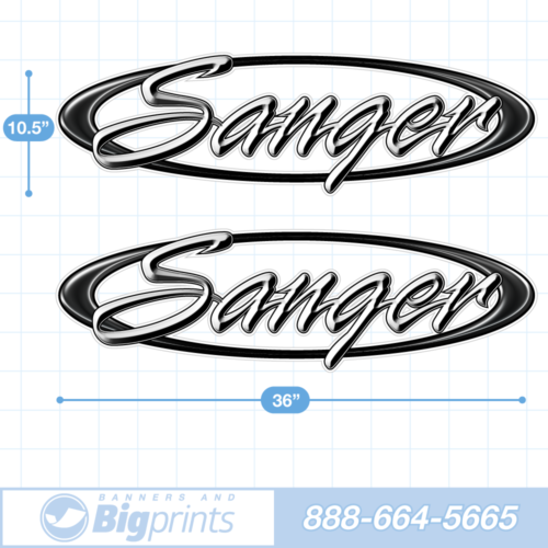 Set of two Sanger brand boat decals with custom "Scripted" design in black and white colors