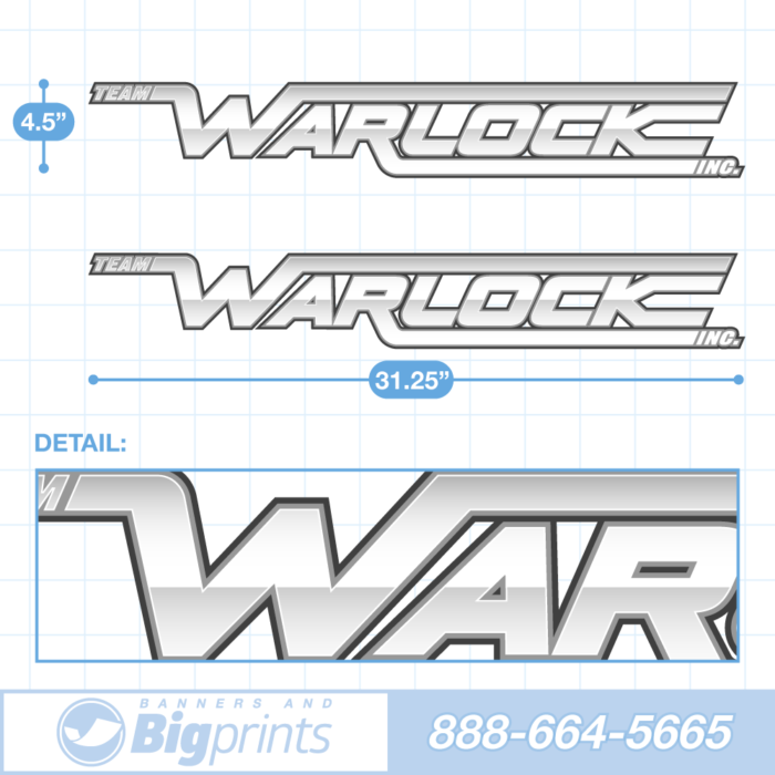 A set of two Warlock brand boat decals with custom "Quicksilver" colors (white and gray)